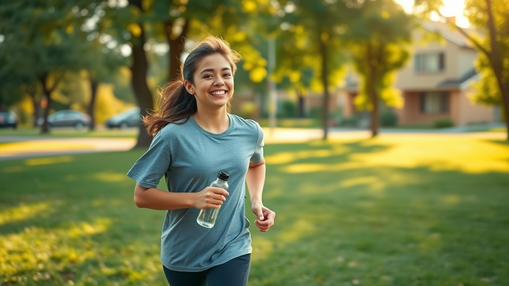 Teenager practicing healthy routine to reduce test anxiety, jogging outdoors for mental health boost