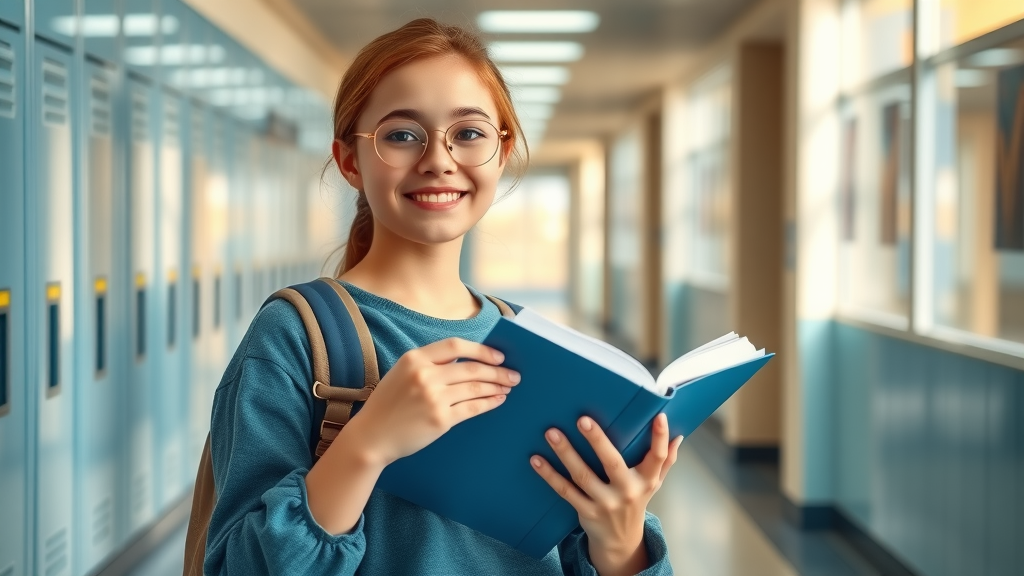 Optimistic teen feeling confident after overcoming test anxiety, holding textbooks in school hallway