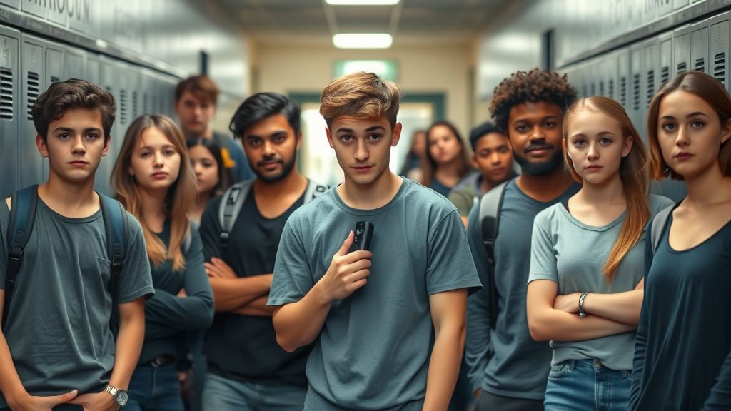 A diverse group of high school students in a hallway, with one teen holding a discreet vaping device, illustrating vaping and e-cigarette use in teens discussed in public health conversations.