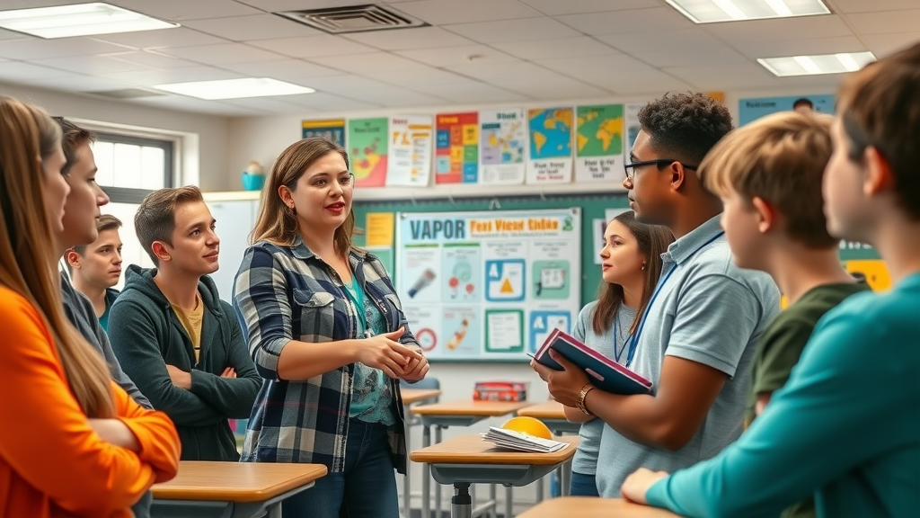 A high school health educator leads a discussion on vaping prevention with students, representing active public health initiatives against vaping and e-cigarette use in teens.