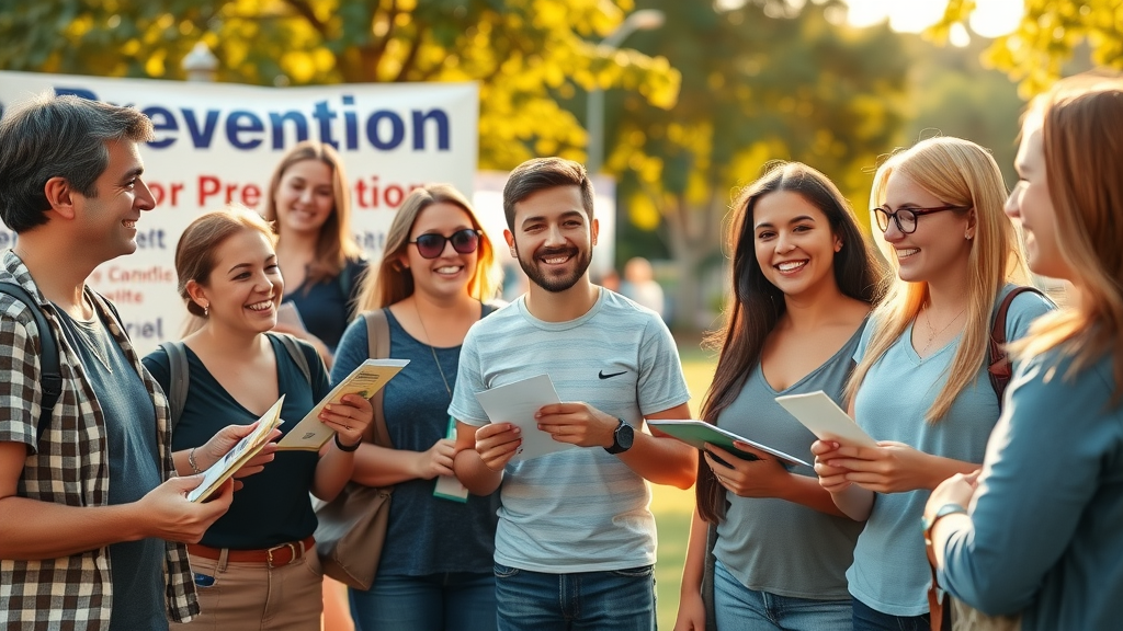 A group of parents and teens sharing pamphlets at an outdoor community prevention event, depicting collective efforts against vaping and e-cigarette use in teens.