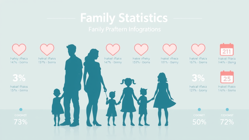 Modern family statistics infographic showing co-parenting strategies with photorealistic digital family silhouettes, percentage markers, and calming blue, teal, and grey palette.
