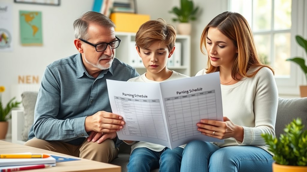 Teenager with divorced parents applying co-parenting strategies, sitting between parents as they review a printed parenting schedule with color-coded calendars.