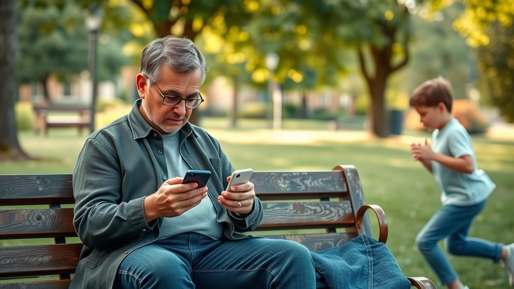 Divorced parents texting using co-parenting strategies, smiling while their teen plays nearby in a leafy suburban park setting.