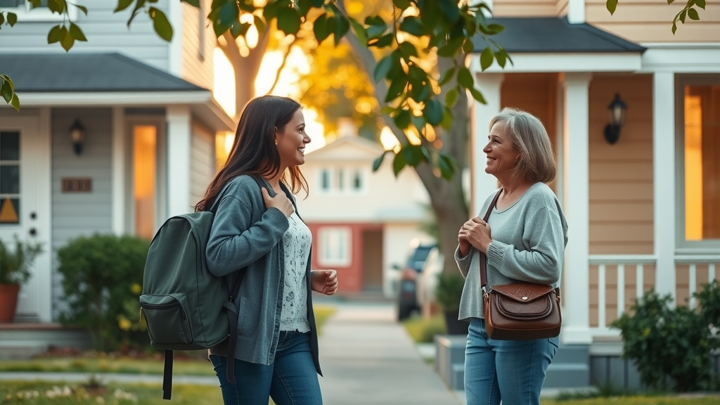 Teenager transitions peacefully between separated households using parallel parenting strategies, greeted by smiling parents at different home doors in a suburban street.