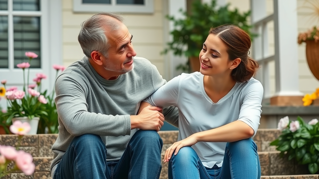 Concerned parent supporting teen’s mental health using co-parenting strategies, sitting together outdoors in a tranquil garden with a caring gesture.