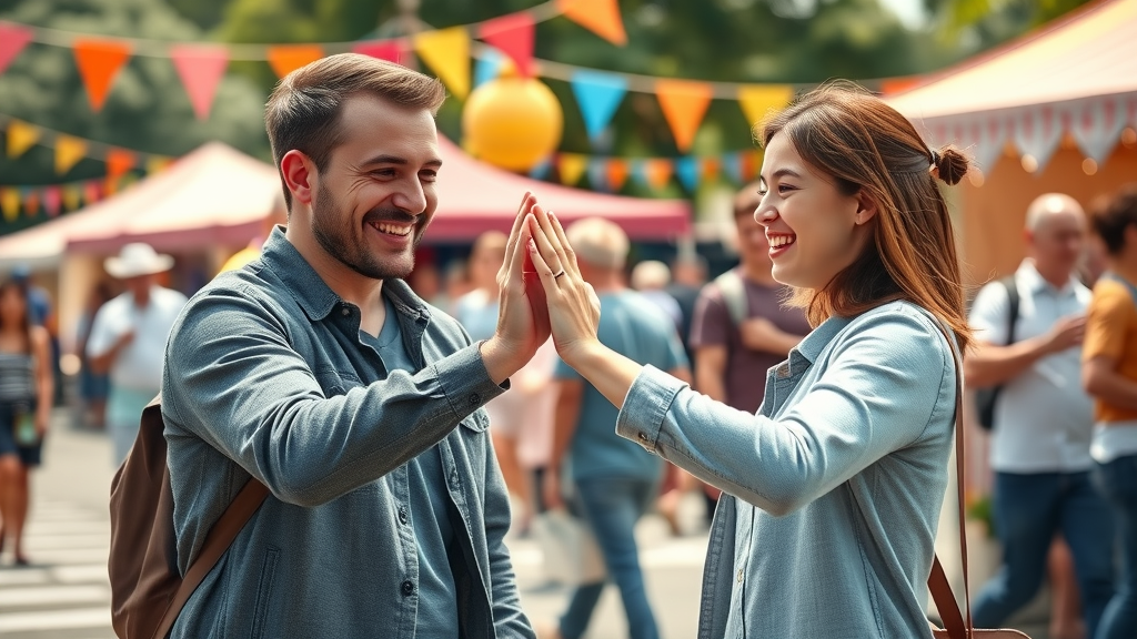 Happy co-parenting moment at a community event using strategies for positive relationships, parents and teen high-five at a festive outdoor fair.
