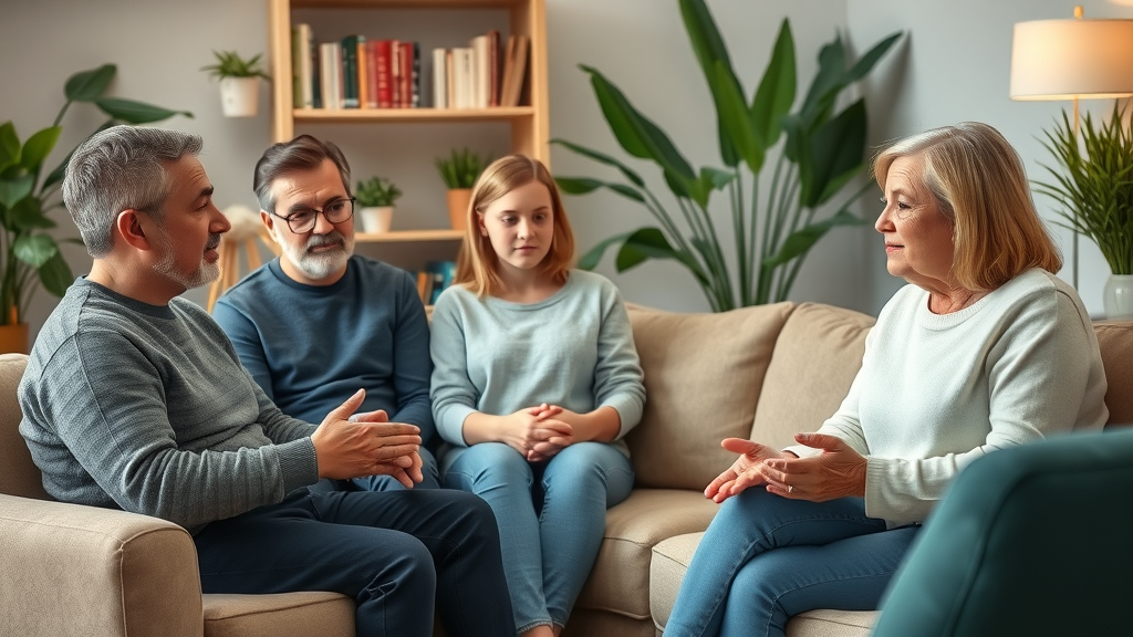 Family counseling session with divorced parents and their teen, collaborating on co-parenting strategies in a cozy therapist
