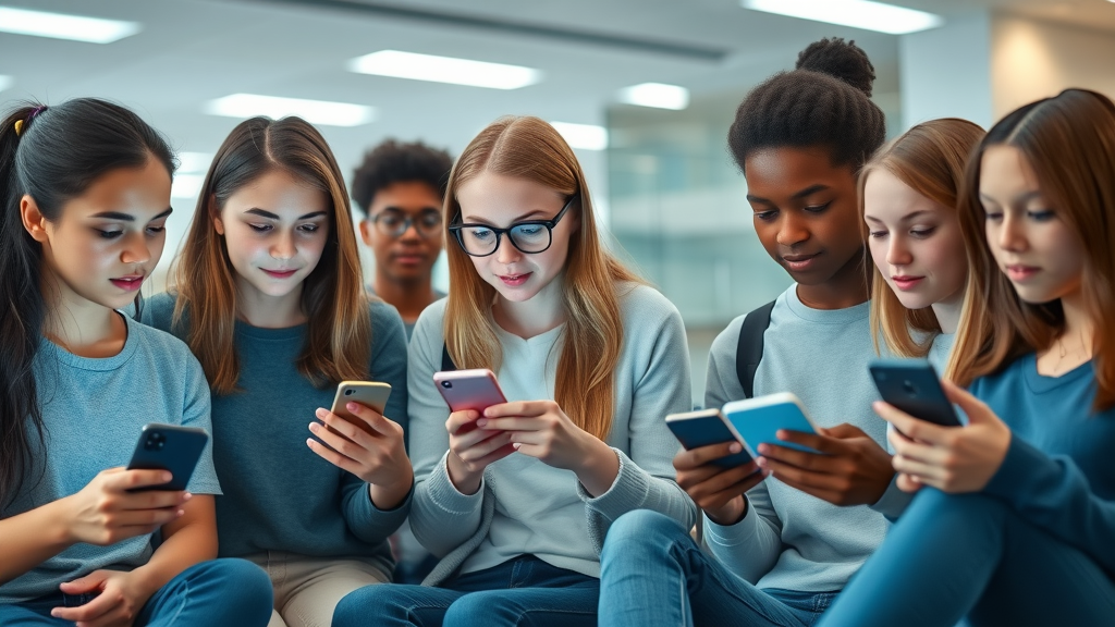 Group of teenagers examining smartphones highlighting social media risks for teenagers