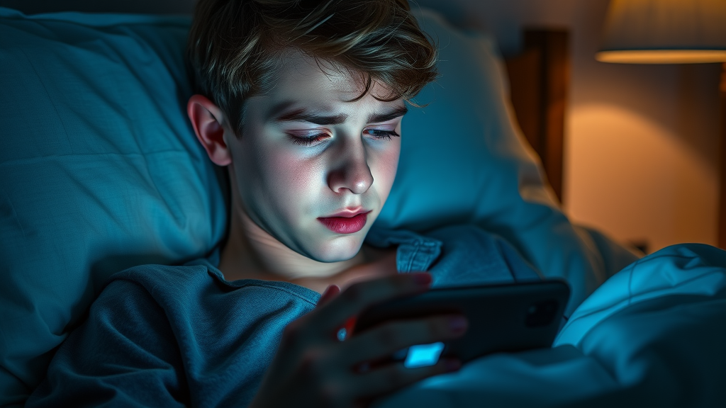 Teenage boy suffering from excessive screen time and social media risks late at night