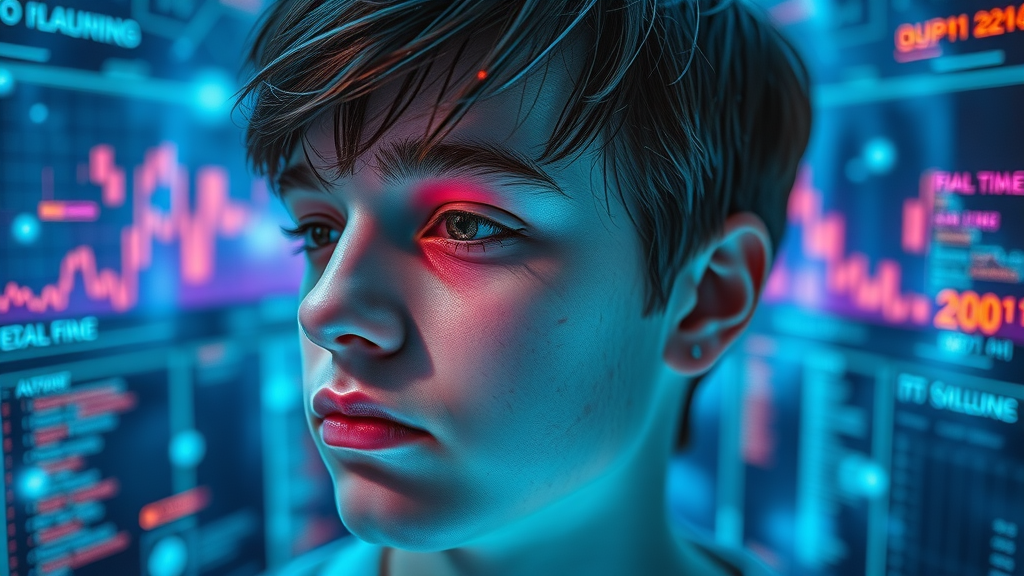 Teenager surrounded by algorithmic feed visualizations, showing how social media platforms impact mental health and media affects