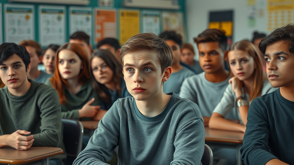 Somber high school classroom with diverse group of anxious teens, illustrating peer pressure and risky behavior.