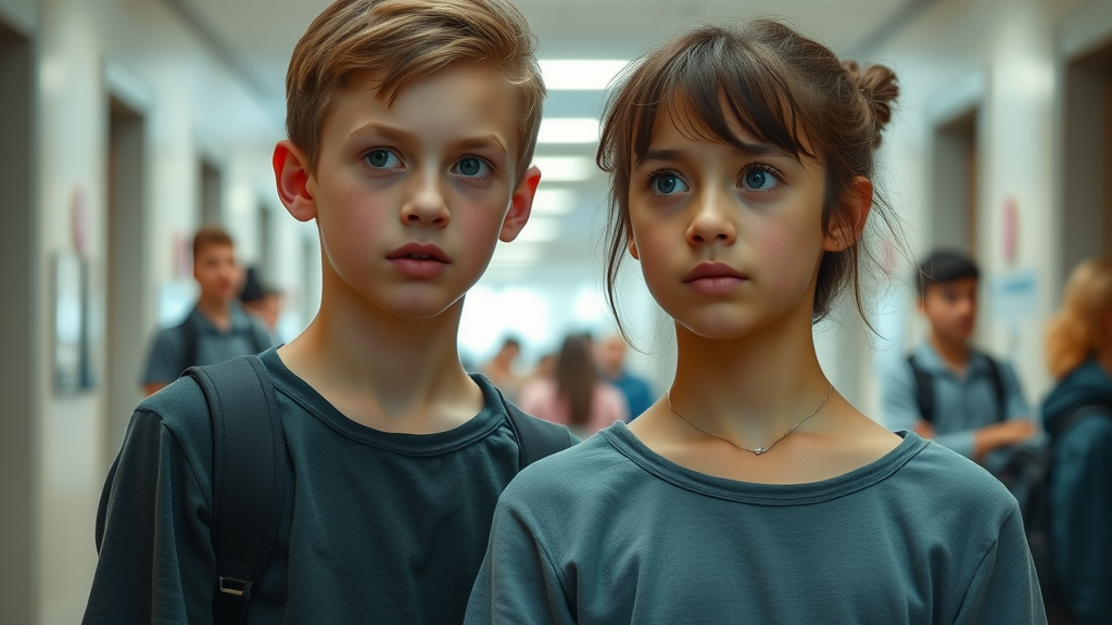 Thoughtful teenage boy and girl deciding between risky choices in a school hallway, illustrating peer effect and hesitation.