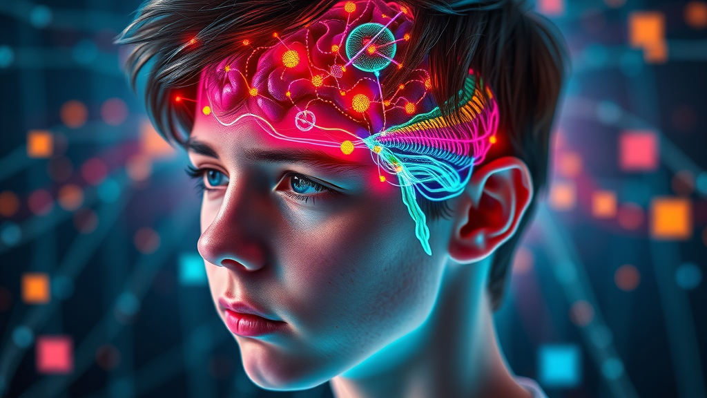 Dynamic digital illustration of a teen brain, highlighting areas linked to risk taking and sensation seeking during adolescence.