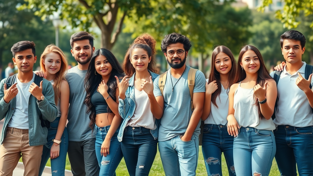 A diverse group of teens in an urban park, some gesturing boldly and others appearing hesitant, representing diverse responses to peer pressure and risky behavior.