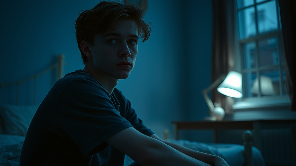 Moody introspective teenager reflecting alone in a dimly lit room, contemplating past risky behavior under peer pressure.