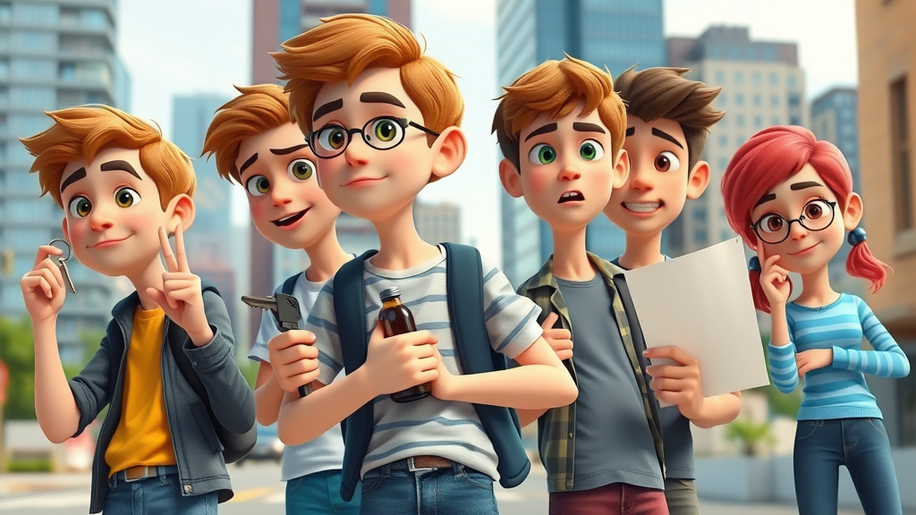 Group of teens each symbolizing a core risky behavior (driving, phone, bottle, paper) to depict types of risky behavior amplified by peer pressure.