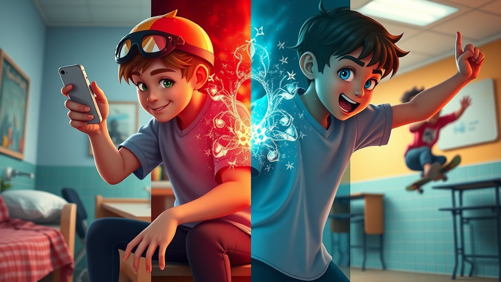 Animated split-scene illustration showing four cases: social media challenge, substance use, cheating, and dangerous stunt, highlighting diverse risk environments among teens.