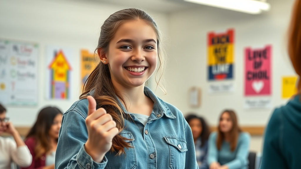Confident, self-assured teenage girl leading supportive group in a counseling office, symbolizing resilience against peer pressure and risky behavior.