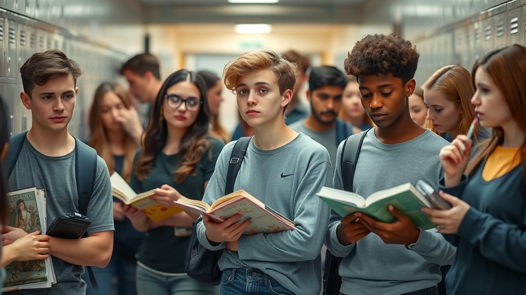 thoughtful diverse group of teenagers with learning disabilities in a high school hallway, natural interaction and ambient light