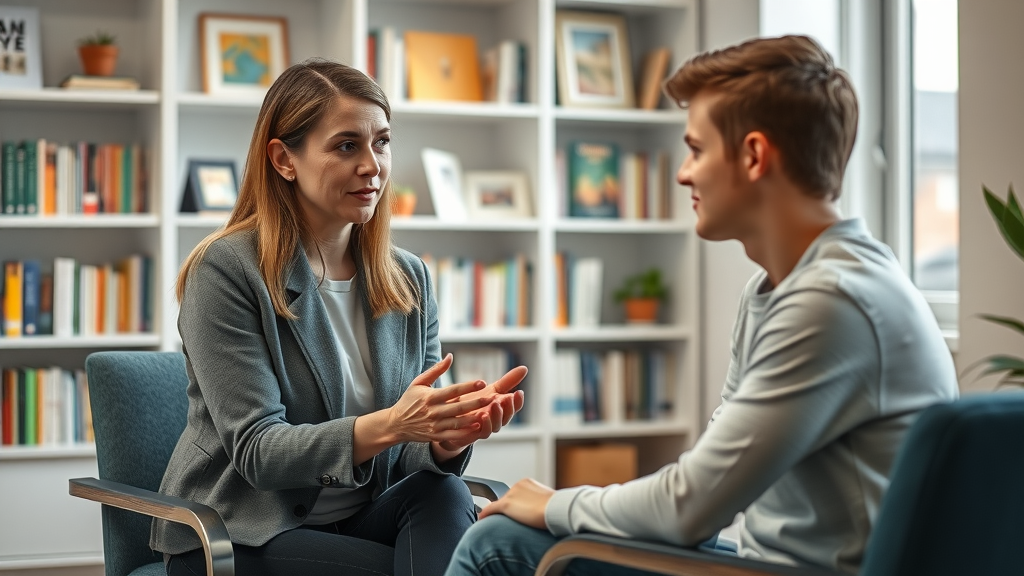 caring female psychologist explaining learning disabilities to an attentive teenage student in a warm counseling office