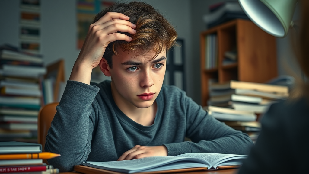 concerned teenager with learning disability, struggling at a cluttered desk with homework in a dimly lit bedroom