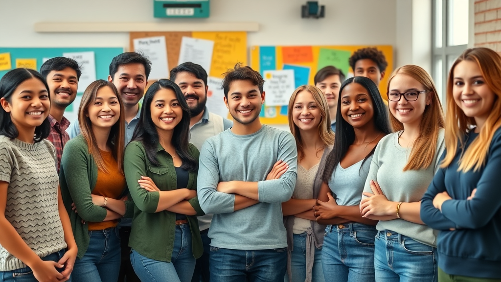 supportive group of teenagers with learning disabilities and teachers in a classroom, positive and encouraging atmosphere