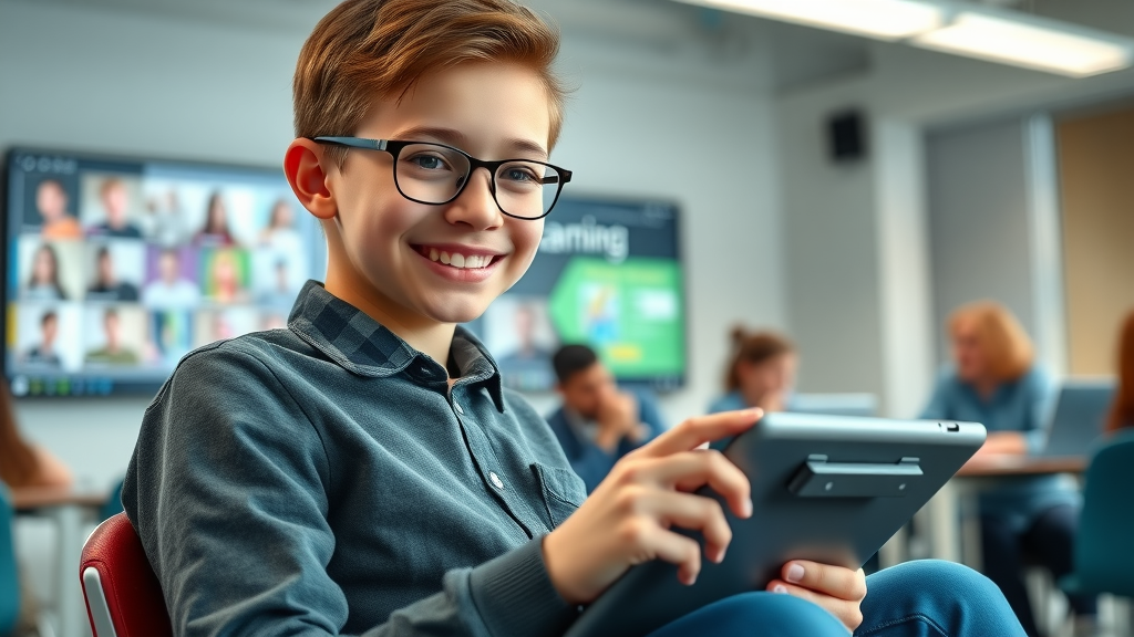 confident teenage student using assistive technology for learning disabilities, modern classroom with engaged peers