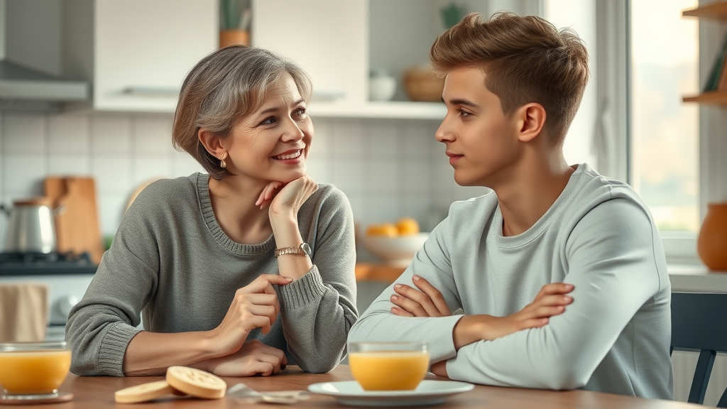 thoughtful mother and teenage son having a positive conversation at kitchen table about learning disabilities