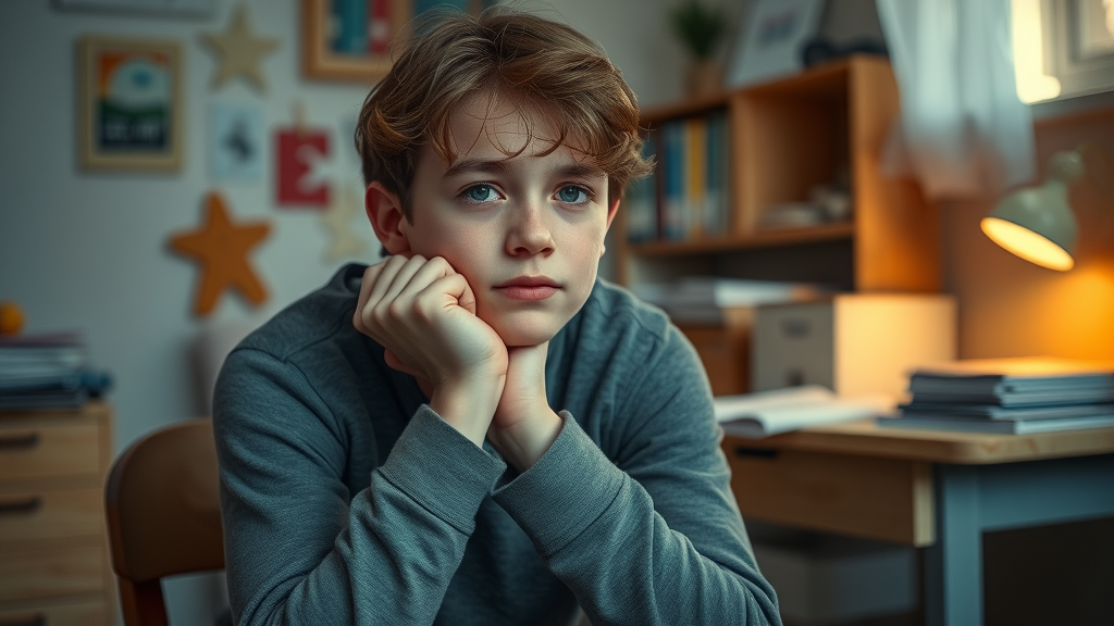 thoughtful adolescent sitting with head resting on hands, cozy bedroom, understanding adolescent psychology
