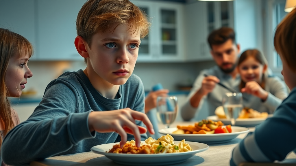 teenager at dinner table, uneasy about eating, eating disorder warning signs in adolescent psychology