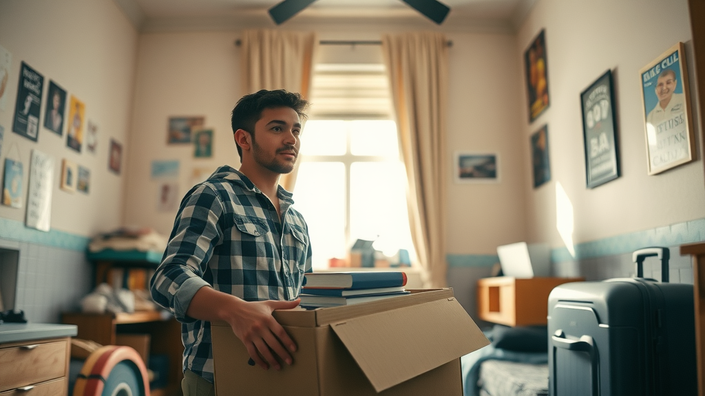 young adult packing college dorm room, transition to adulthood in adolescent development