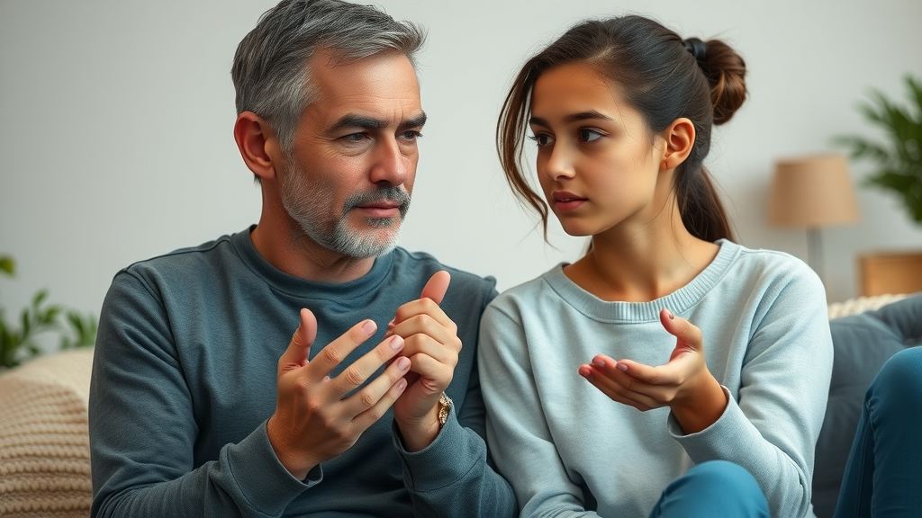 caring parent and teenager using active listening to communicate in a calm living room, illustrating a healthy parent-teen relationship