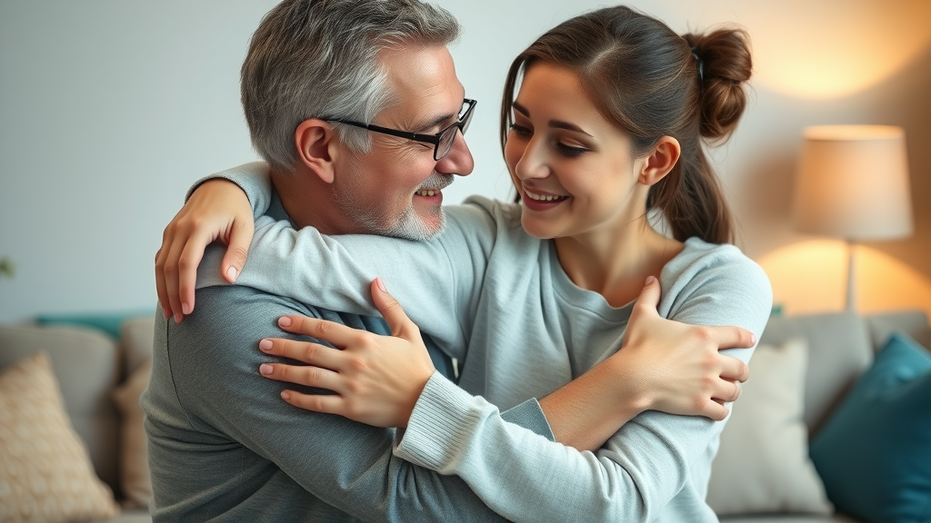 compassionate parent embracing a teenager in a living room, symbolizing restored trust and positive family relationships