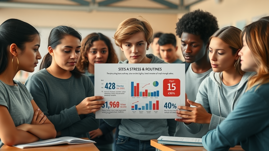 Engaged diverse group of teenagers reading a statistics chart about stress and daily routines to reduce chaos in a school cafeteria.