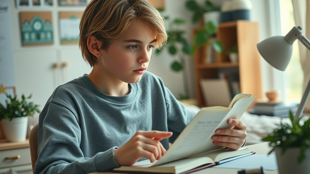 Calm focused teenager journaling their morning routine to reduce chaos, sitting at an organized desk with gentle natural lighting.