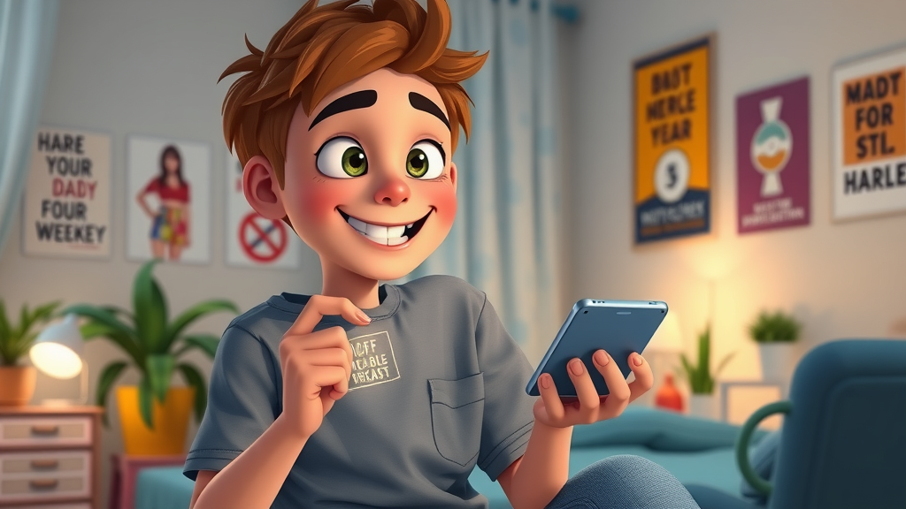 Determined optimistic teenager checking off a digital habit tracker as part of their daily routine to reduce chaos, in a tidy, vibrant room.