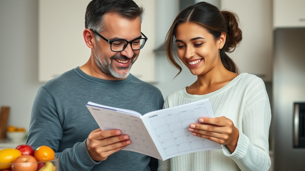 Supportive parent and teen reviewing a daily planner together in a bright kitchen to build daily routines to reduce chaos.
