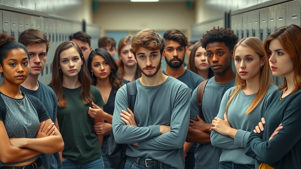 thoughtful group of diverse teenagers experiencing peer pressure and substance use in a high school hallway