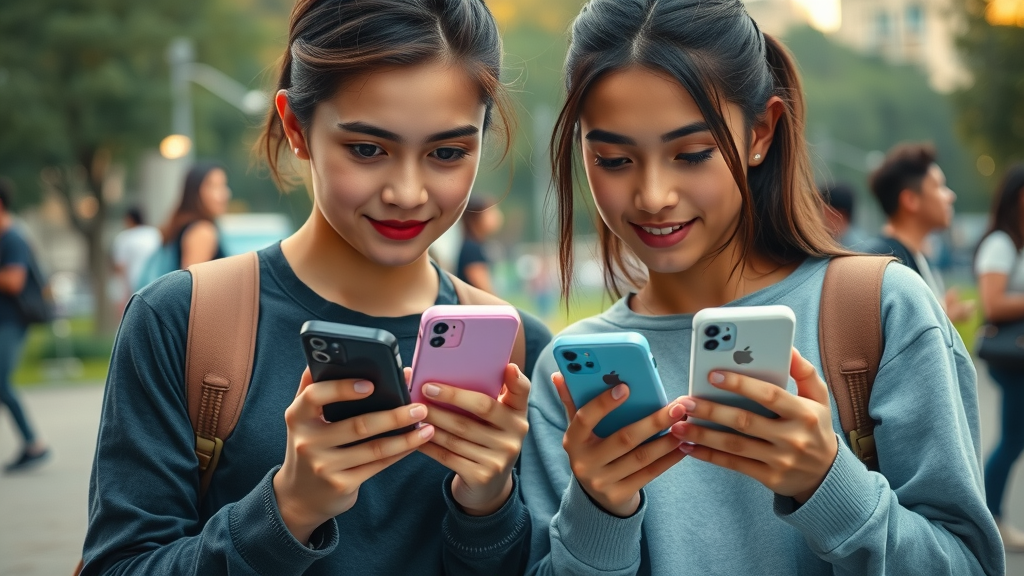 teenagers using social media together, peer pressure and substance use behavior, urban park setting