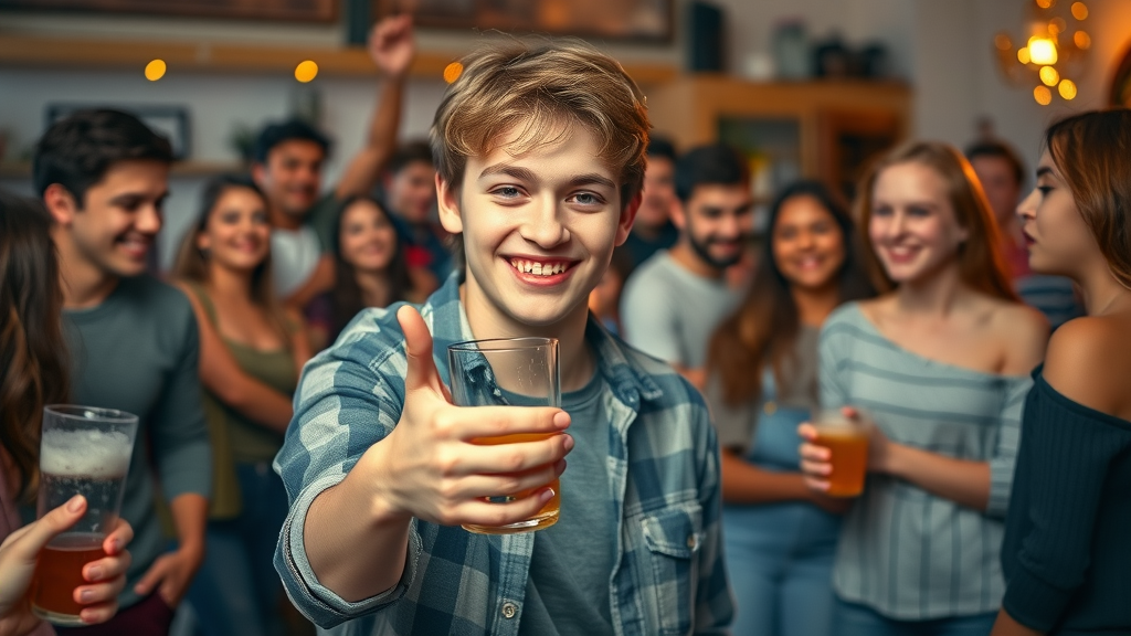 teen confidently refusing a drink at a party, practicing refusal skills against peer pressure and substance use