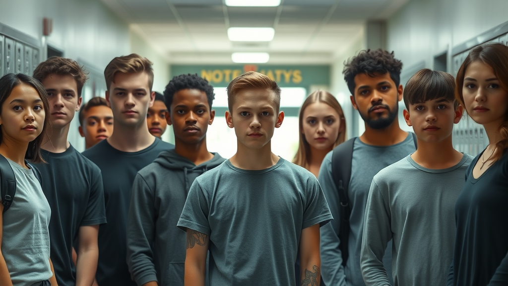 Somber group of high school students demonstrating the impact of opioid misuse in the United States