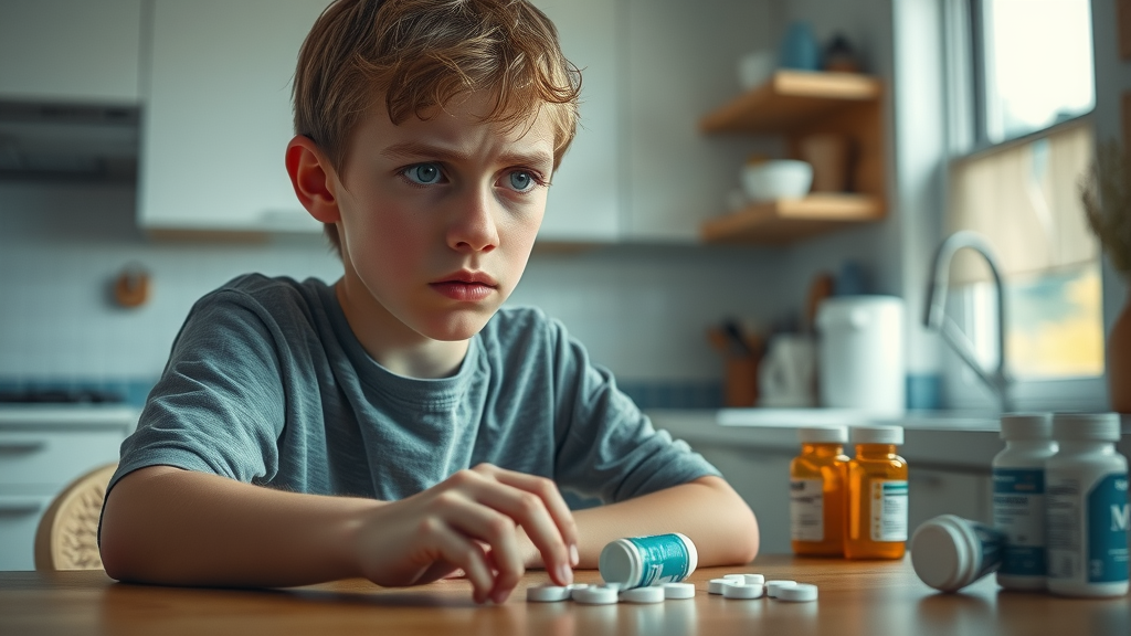 Worried teenage boy contemplating prescription opioid misuse in a typical American household