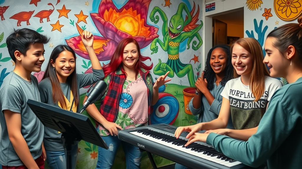 art and music therapy - teens collaborate on mural and play music together in therapy center