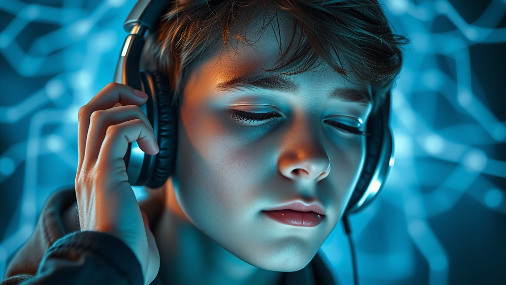 neuroscience of art and music therapy - thoughtful teen listening with headphones, digital brainwave graphics