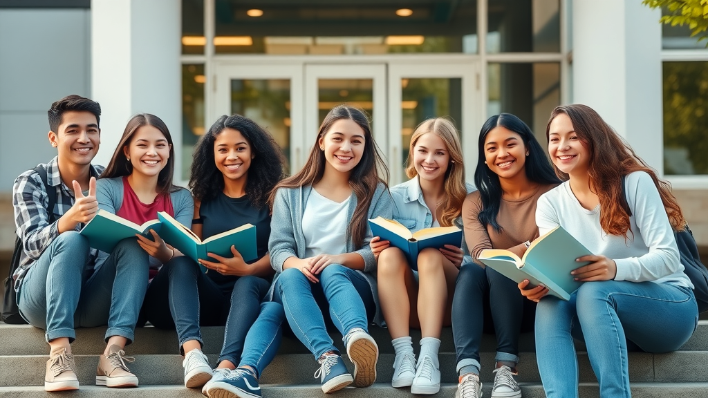 Diverse group of teenage students discussing learning disabilities in teens: parent resource guide, sitting outside a modern school building, natural daylight, supportive expressions