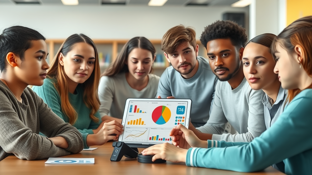 Teens discussing learning disabilities statistics with digital pie chart and graphs, parent resource guide context