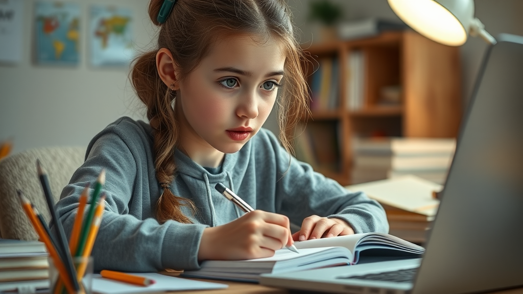 Teenage girl writing in notebook, focused on learning disabilities in teens parent resource guide in a home study environment