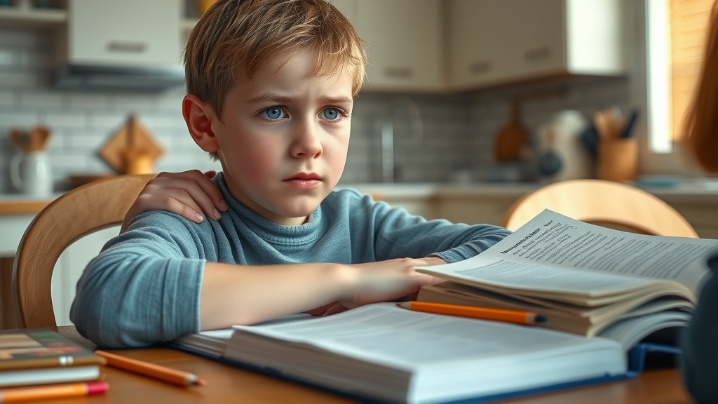 Teenage boy with learning disabilities struggling with homework, parent offering support at home