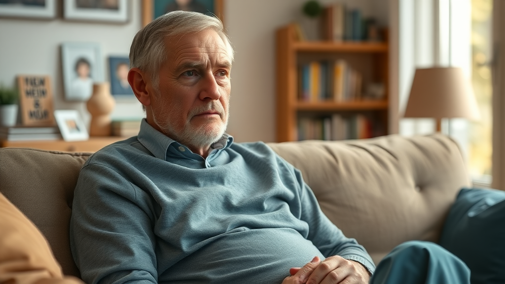 Concerned middle-aged parent considering mental health for parents raising teens, sitting in a cozy living room